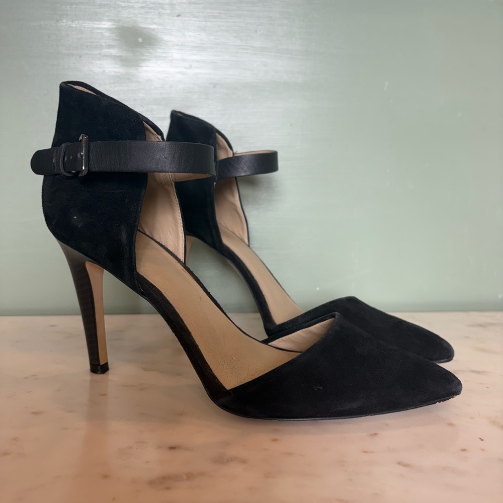 Nordstrom Black Suede Pointed-Toe Ankle-Strap Heels